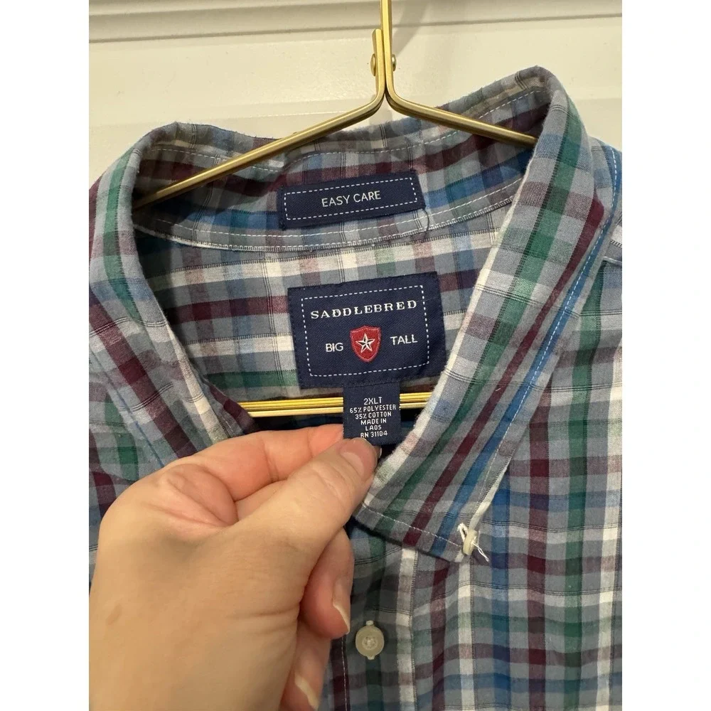 SADDLEBRED Men's Big & Tall Long Sleeve Plaid Shirt Jacket Blue Green 2XLT Large